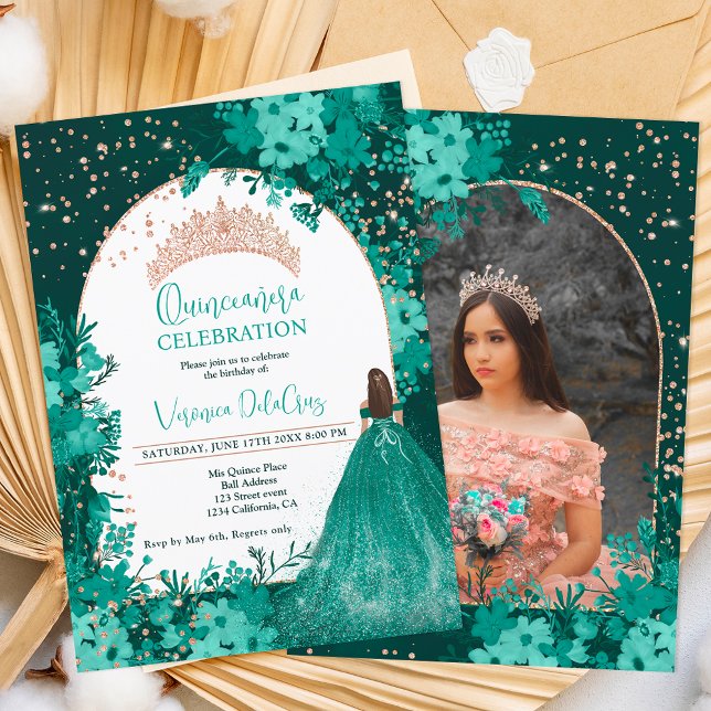 Rose gold green floral tiara princess Quinceanera Invitation (Creator Uploaded)