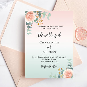 Rose gold green florals wedding invitation