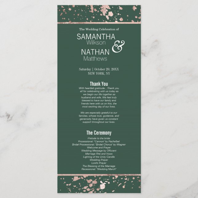 Rose Gold Green Paint Splatters Wedding Program Programme (Front)