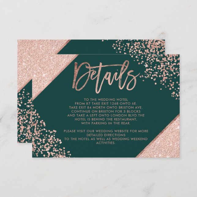 Rose gold green script wedding direction details enclosure card (Front/Back)