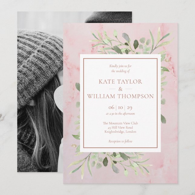 Rose Gold Greenery Leaves Photo Wedding Invitation (Front/Back)