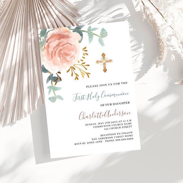 Rose gold greenery luxury first holy communion invitation (Creator Uploaded)