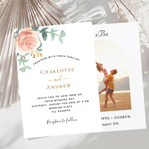 Rose gold greenery monogram arch photo wedding invitation