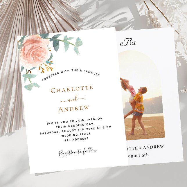 Rose gold greenery monogram arch photo wedding invitation (Creator Uploaded)
