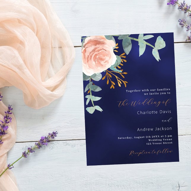 Rose gold greenery navy blue luxury wedding invitation (Creator Uploaded)
