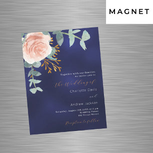Rose gold greenery navy blue luxury wedding magnetic invitation
