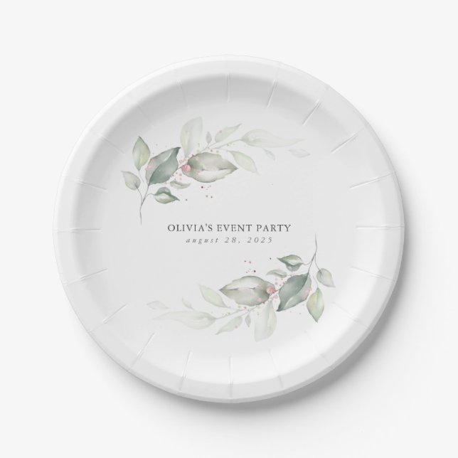 Rose Gold Greenery Watercolor Romantic Wedding Paper Plate (Front)