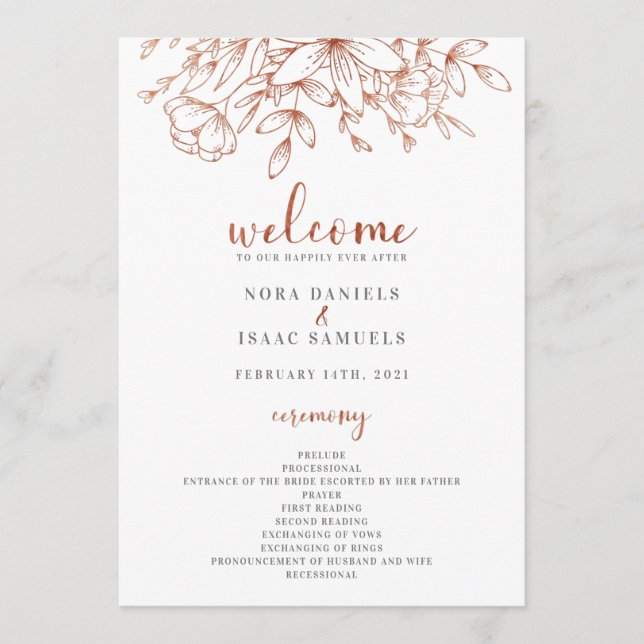 Rose Gold Greenery Wedding Ceremony Program Programme (Front)
