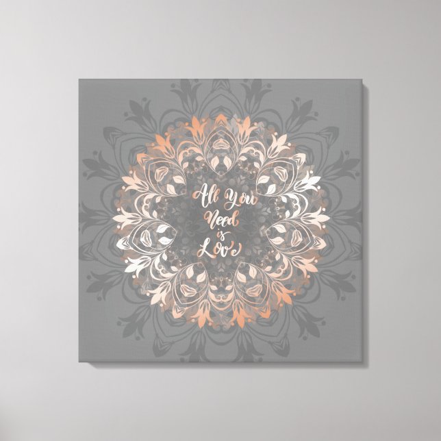 Rose Gold Grey Floral Mandala Love Canvas Print (Front)