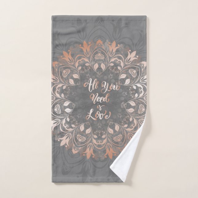 Rose Gold Grey Floral Mandala Love Hand Towel (Hand Towel)