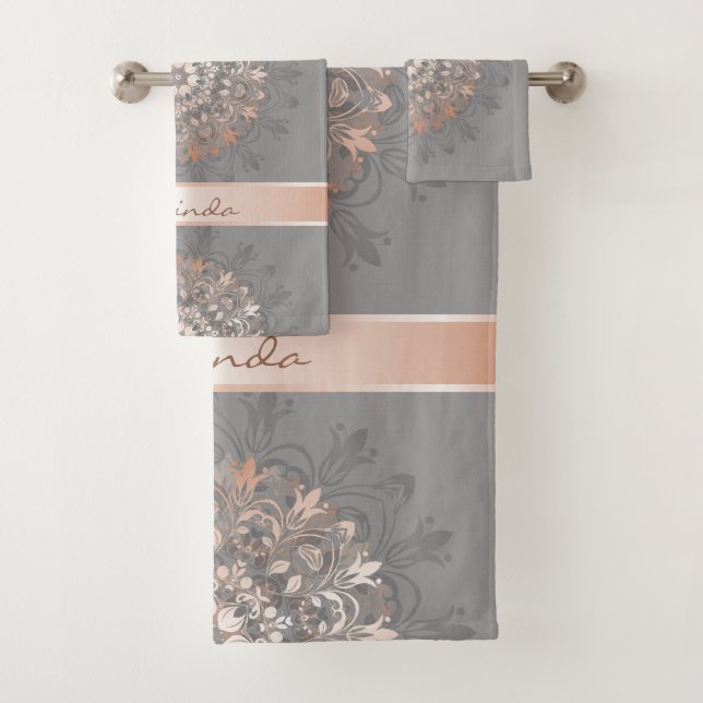 Rose Gold Grey | Floral Mandala | Monogram Bath Towel Set (Insitu)