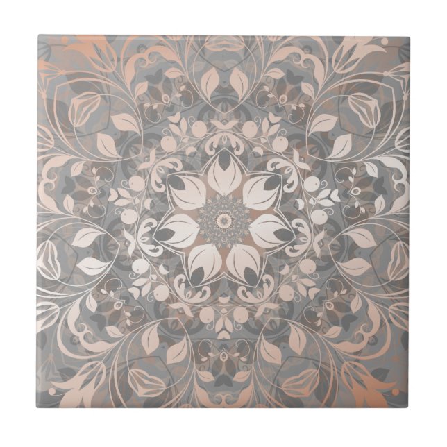 Rose Gold Grey Floral Mandala Tile (Front)