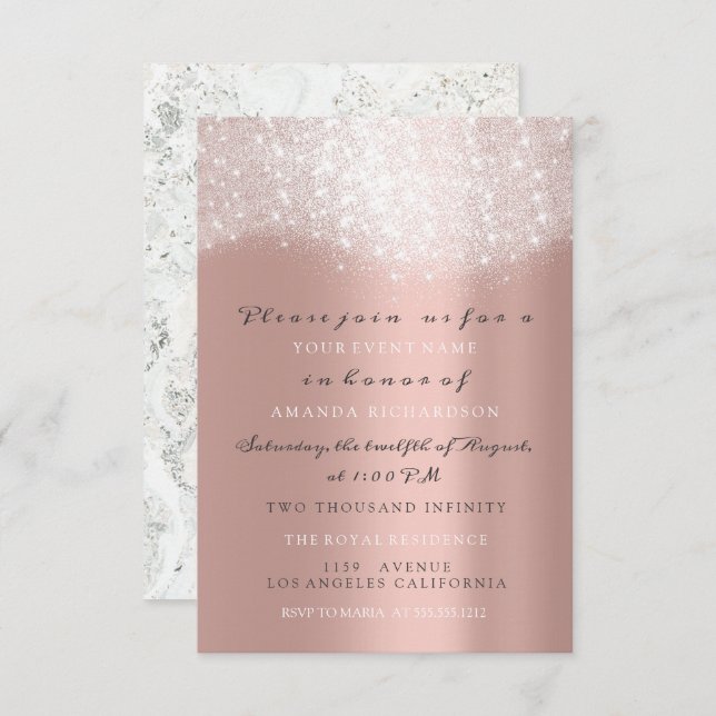 Rose Gold Grey Glitter Marble Confetti Elegant VIP Invitation (Front/Back)