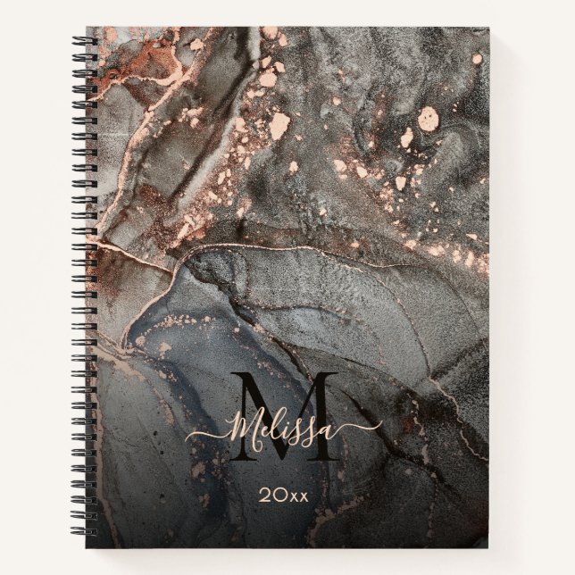Rose Gold Grey Ink Marble Monogram  Notebook (Front)