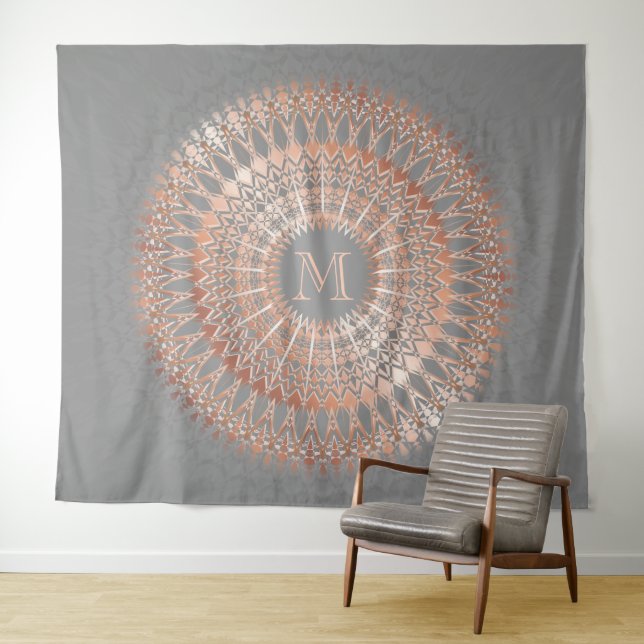 Rose Gold Grey Mandala Monogram Tapestry (In Situ (Horizontal))