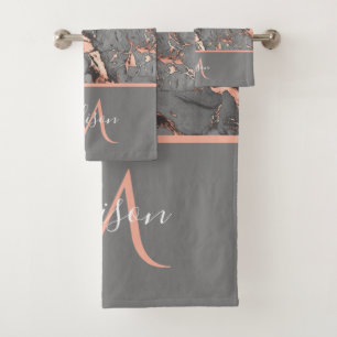 Rose Gold & Grey Marble Monogram Luxury Bath Bath  Towel Set