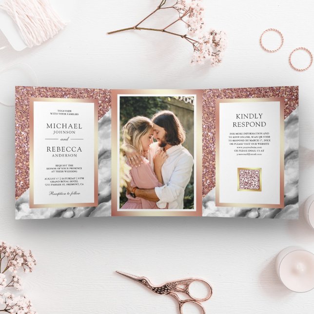 Rose Gold Grey Marble Photo QR Code Wedding Tri-Fold Invitation (Creator Uploaded)