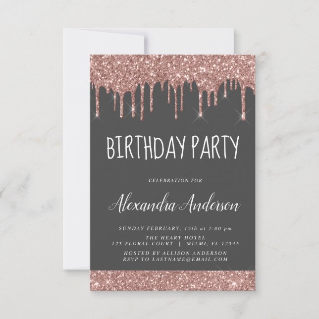 Rose Gold Grey Sparkle Glitter Any Age Birthday Invitation (Front)