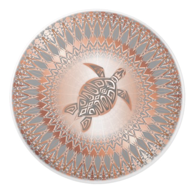 Rose Gold Grey Turtle And Mandala Coastal Ceramic Knob (Front)