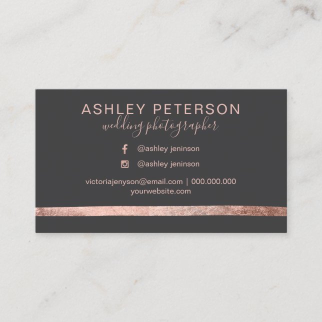 Rose gold grey wedding photographer typography business card (Front)