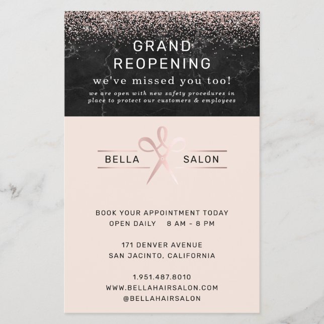 Rose Gold Hair Salon Grand Reopening Covid Safety Flyer (Front)