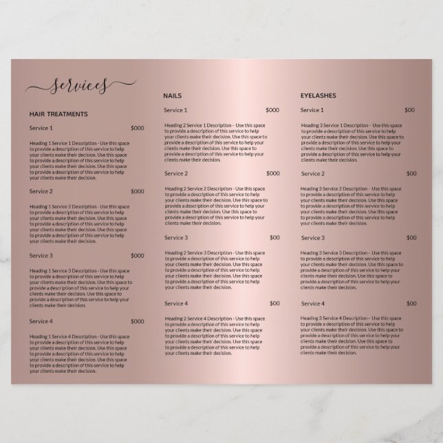 Rose Gold Hair Stylist Price List Service Menu (Back)