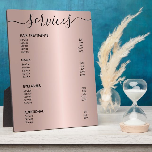 Rose Gold Hair Stylist Salon Service Price List Plaque (Side)