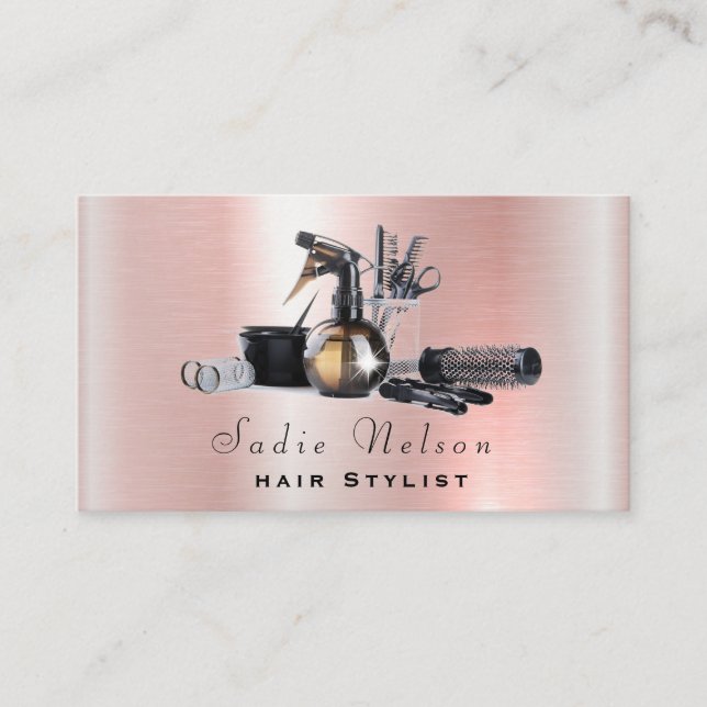 Rose Gold Hair stylist Salon Tools Beauty Business Card (Front)