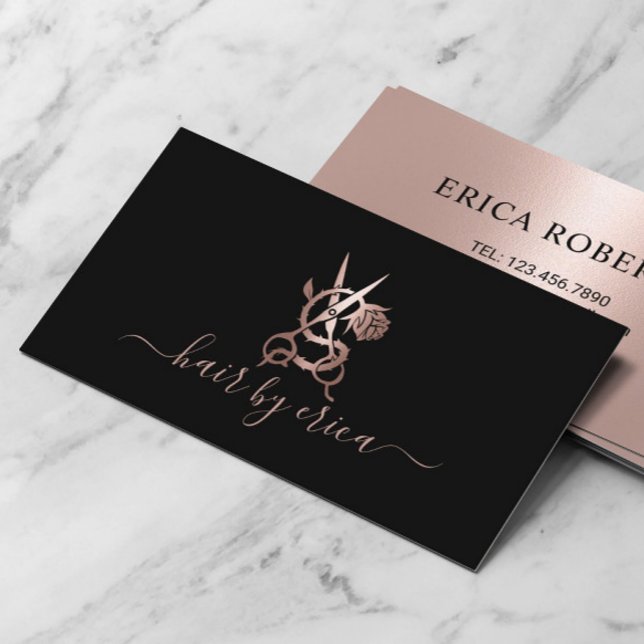 Rose Gold Hair Stylist Scissor & Rose Logo Salon Business Card (Creator Uploaded)