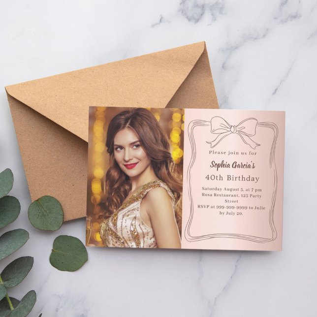 Rose gold hand-drawn bow photo birthday invitation (Creator Uploaded)