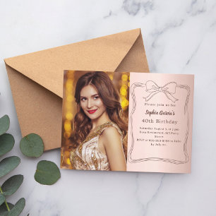 Rose gold hand-drawn bow photo birthday invitation postcard