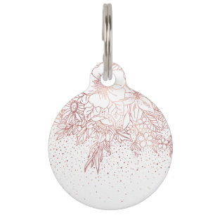 Rose gold hand drawn floral doodles and confetti pet tag