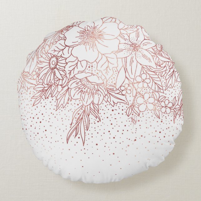 Rose gold hand drawn floral doodles and confetti round cushion (Back)