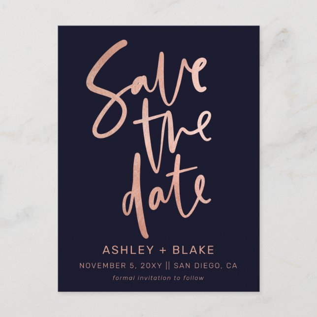 Rose Gold Handwritten Calligraphy Save the Date Announcement Postcard (Front)