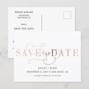 Rose Gold Handwritten Calligraphy Save the Date Announcement Postcard