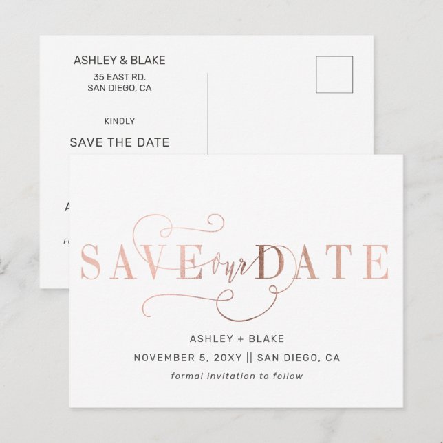 Rose Gold Handwritten Calligraphy Save the Date Announcement Postcard (Front/Back)