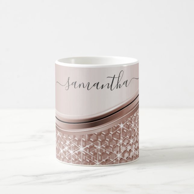 Rose Gold Handwritten Name Glitter Sparkle Bling Coffee Mug (Center)