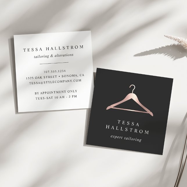 Rose Gold Hanger | Seamstress Tailor Alterations Square Business Card (Creator Uploaded)