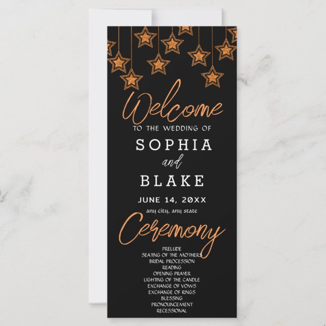Rose Gold Hanging Stars Black Wedding Program (Front)