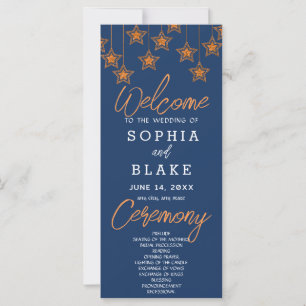 Rose Gold Hanging Stars Dark Blue Wedding Program