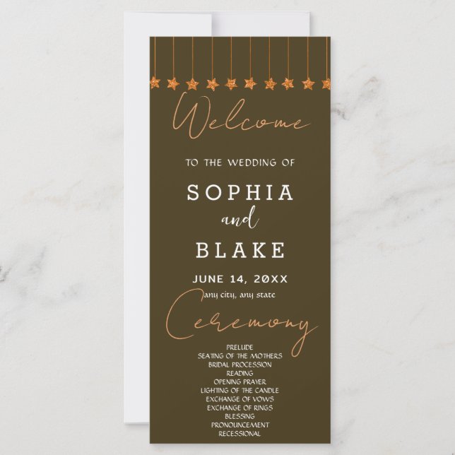 Rose Gold Hanging Stars Dark Brown Wedding Program (Front)