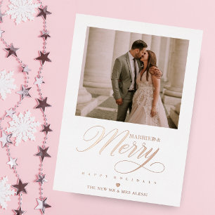 Rose Gold Happy Holidays Christmas Photo Newlyweds