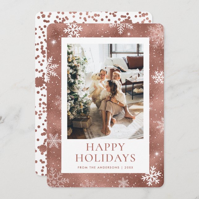 Rose Gold Happy Holidays Snowflake Snow Photo Holiday Card (Front/Back)