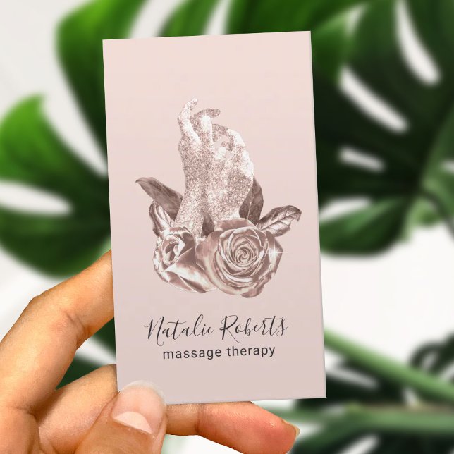 Rose Gold Healing Hands & Flowers Massage Therapy Business Card (Creator Uploaded)