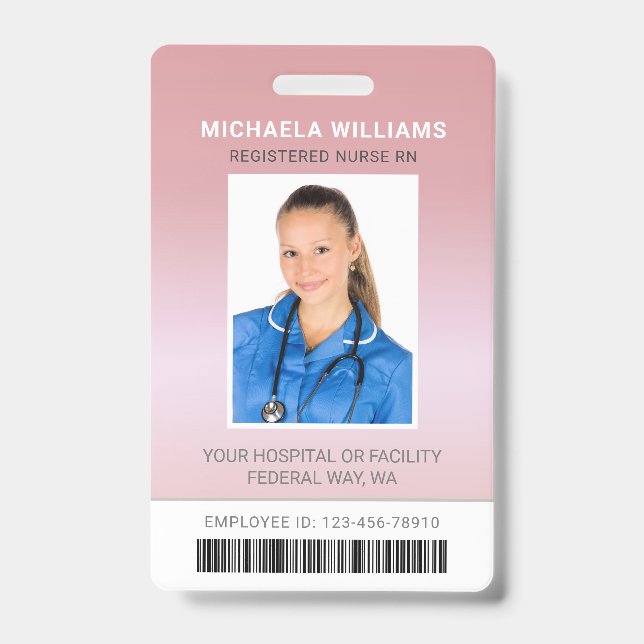 Rose Gold Healthcare Barcode Employee Photo ID Badge (Front)