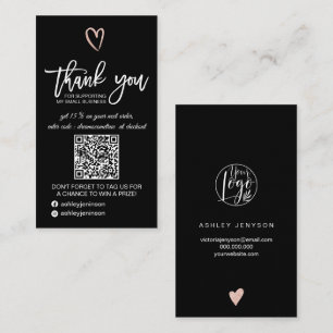 Rose gold heart black logo qr code order thank you business card
