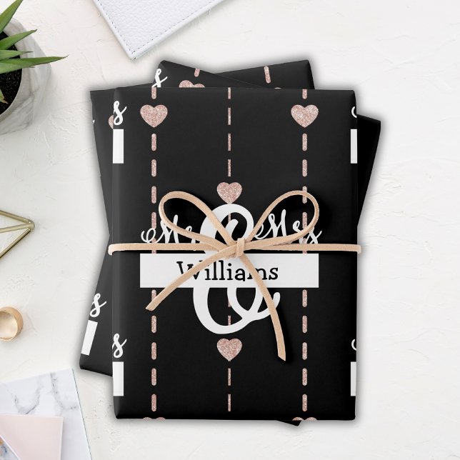 Rose Gold Heart Pattern Mr & Mrs Name Wedding Wrapping Paper Sheet (Creator Uploaded)