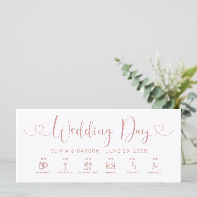 Rose Gold Heart Script Wedding Timeline Card (Standing Front)