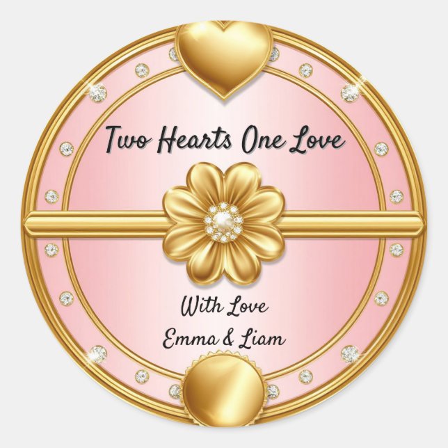 🌸 Rose Gold Heart Wedding Favour 💖 Classic Round Sticker (Front)