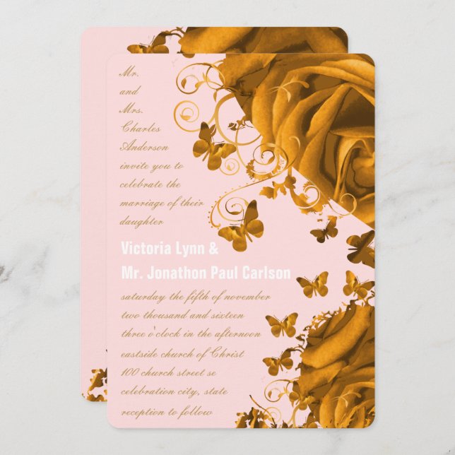 Rose Gold Hearts and Roses Wedding Invitation (Front/Back)